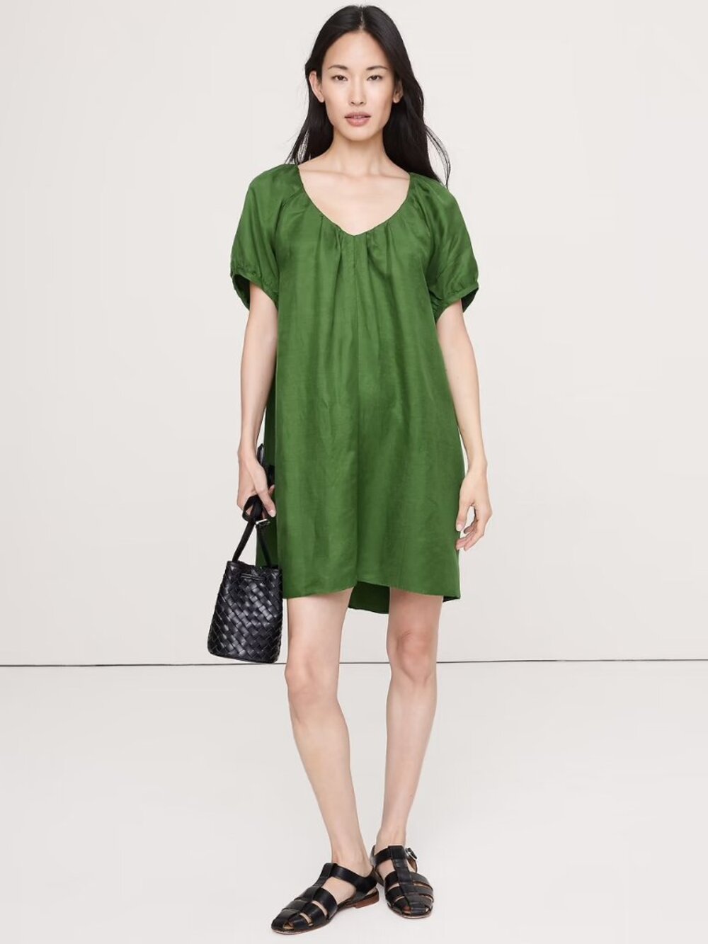 NEW Banana Republic Viscose-Linen Puff-Sleeve Mini Dress in Green